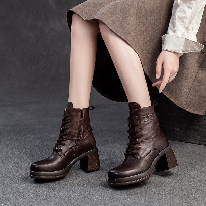 Shanghai Jietu 2024 Winter New High-Top Thin Boots Lace-Up Side Zipper Round Toe Martin Boots Fisherman Boots Short Boots - Image 4